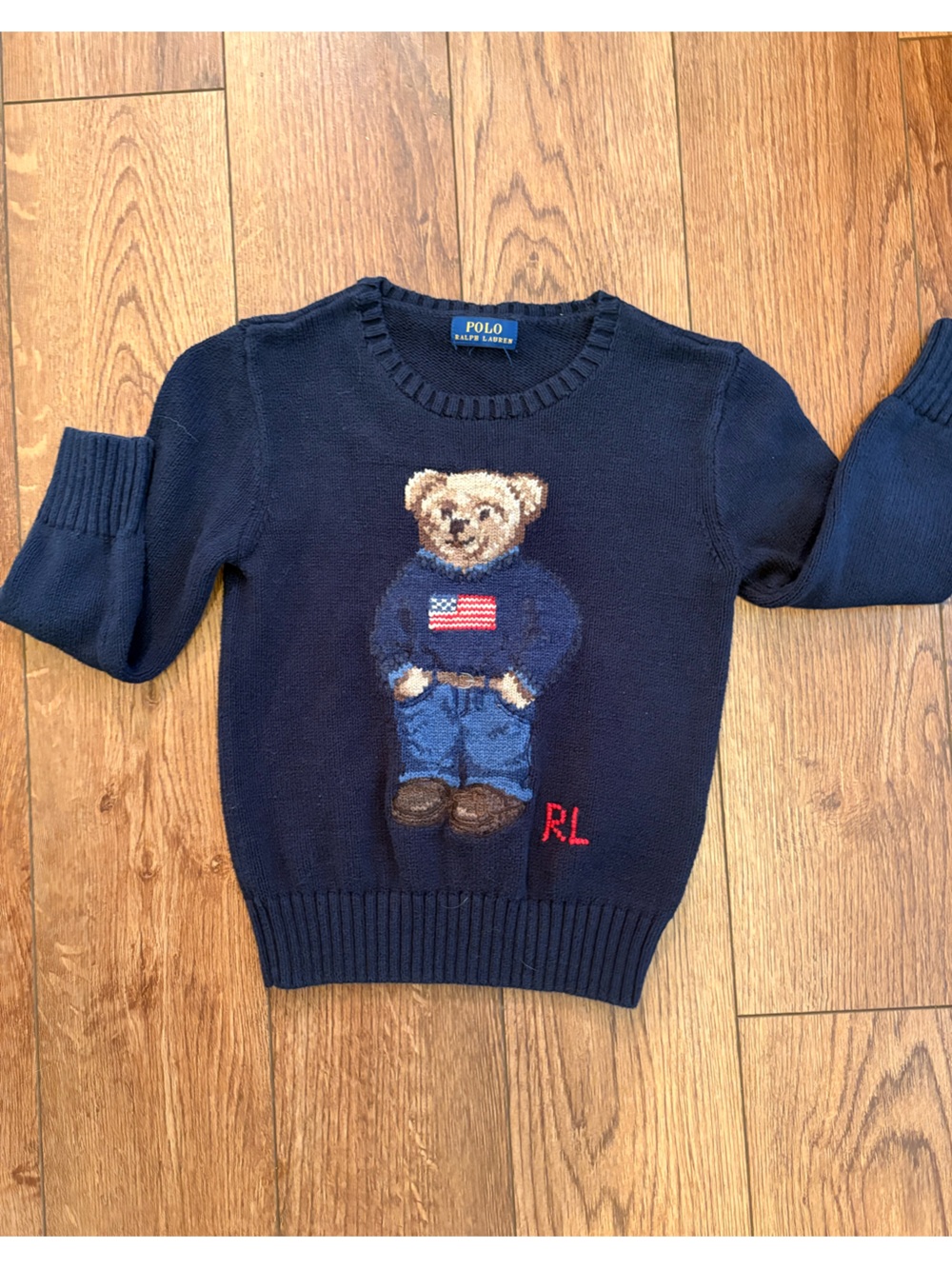 Polo by Ralph Lauren Navy Bear Crewneck Sweater with Flag Detail